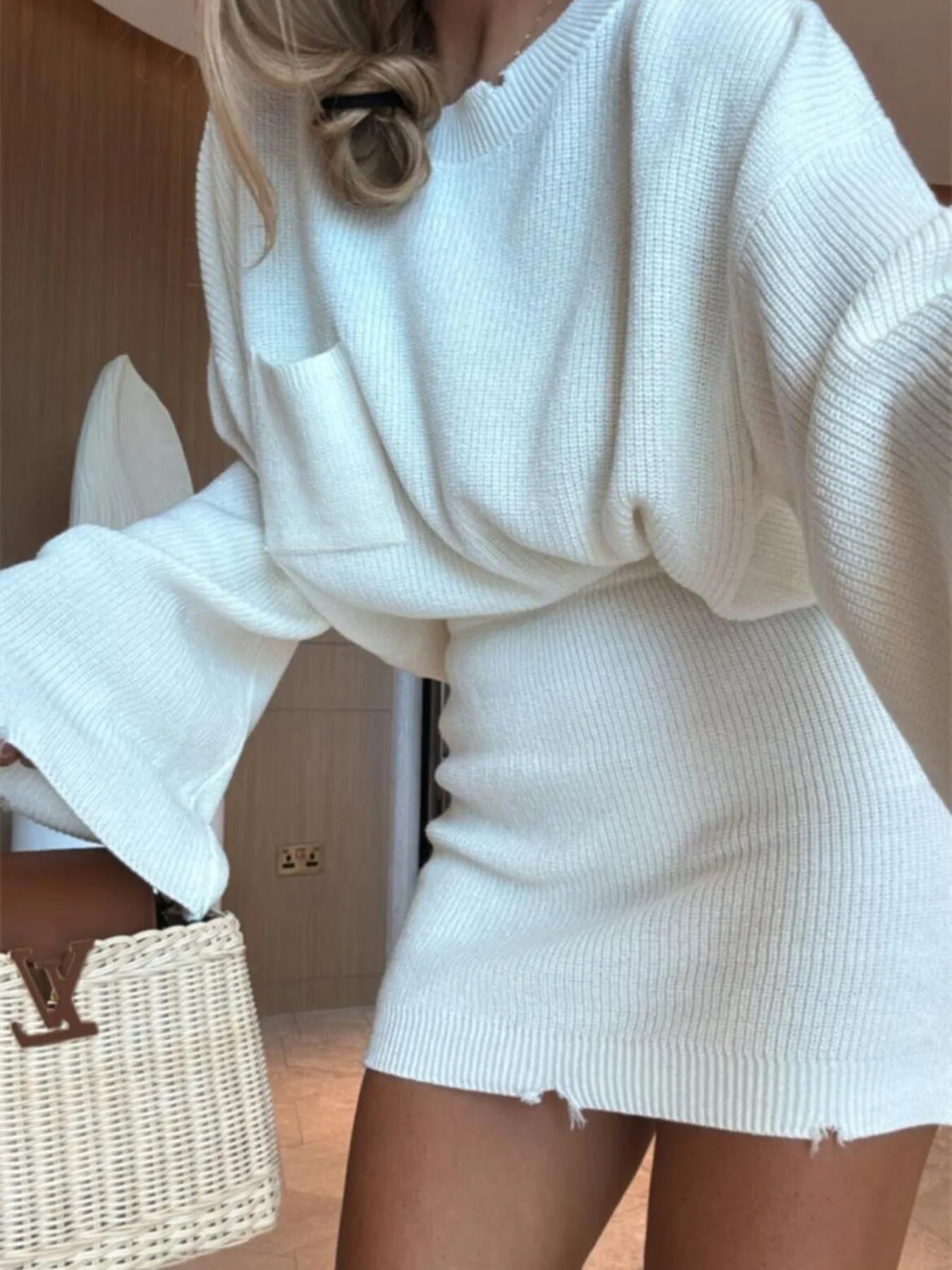 Ribbed Knit Long Sleeve Top and Skirt Sweater Set Easy Apparels