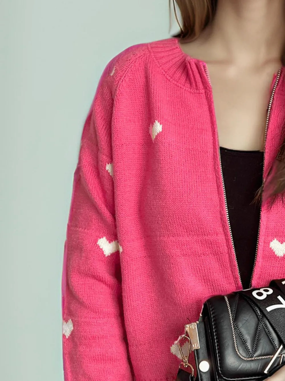 Heart Round Neck Zip Up Cardigan Easy Apparels