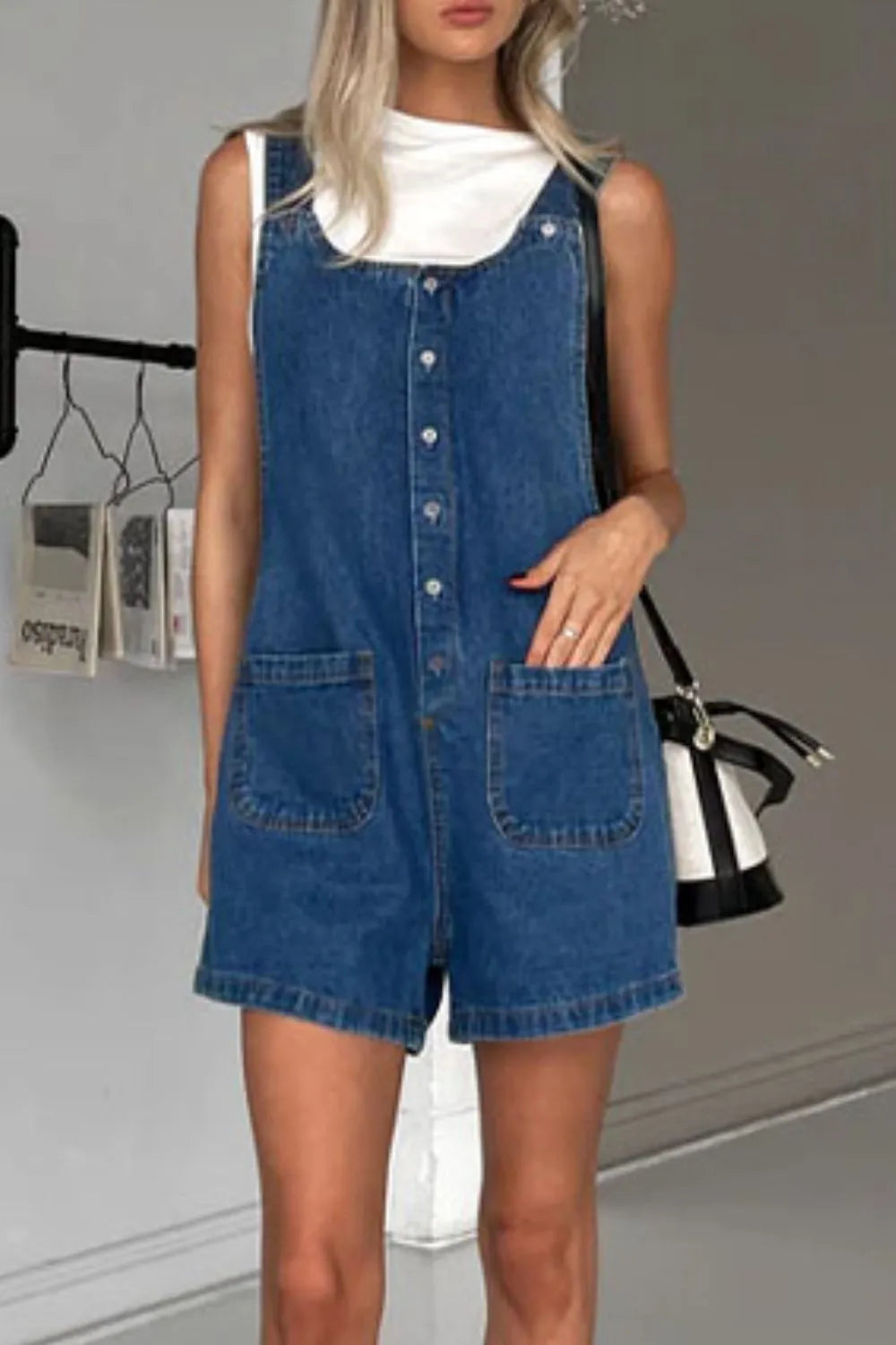 Button Front Denim Overall Shorts with Front Pockets Easy Apparels