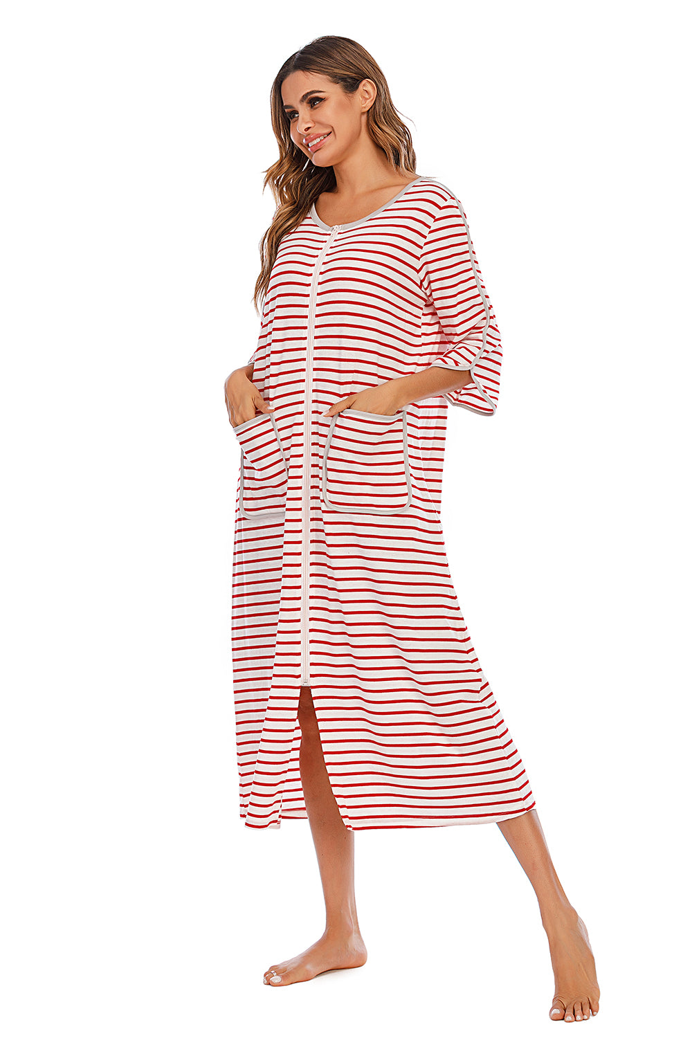 Round Neck Three-Quarter Sleeve Midi Night Dress Easy Apparels
