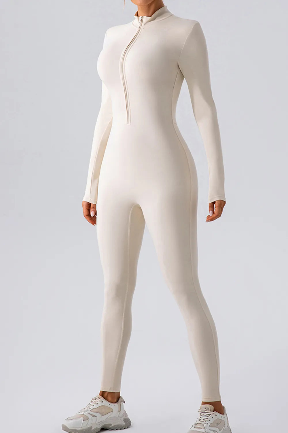 Half Zip Mock Neck Active Jumpsuit White Easy Apparels