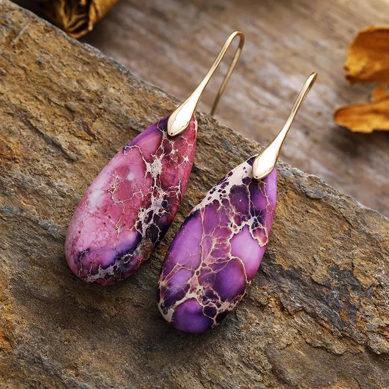 Teardrop Shape Natural Stone Dangle Earrings Lavender Gold One Size Easy Apparels