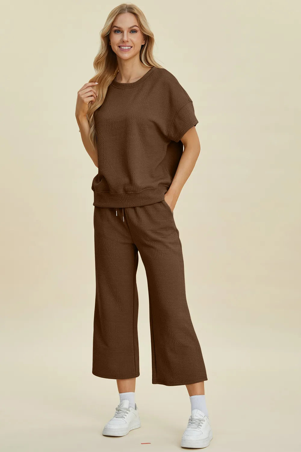 Double Take Full Size Texture Round Neck Top and Pants Set Easy Apparels