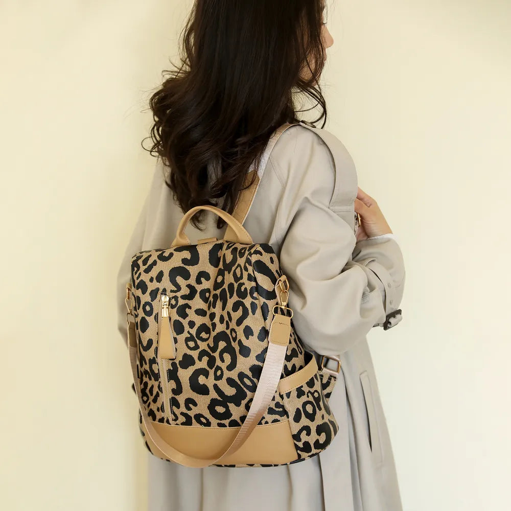 Leopard PU Leather Backpack Bag Camel One Size Easy Apparels