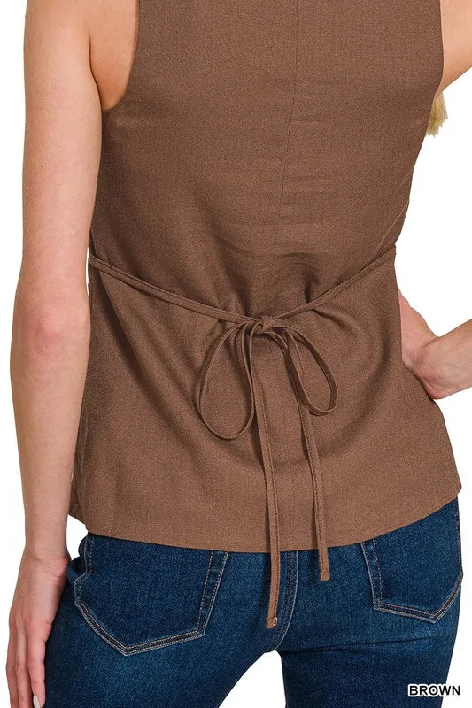 Zenana Linen Tie-back 4-button Vest with Lining Easy Apparels
