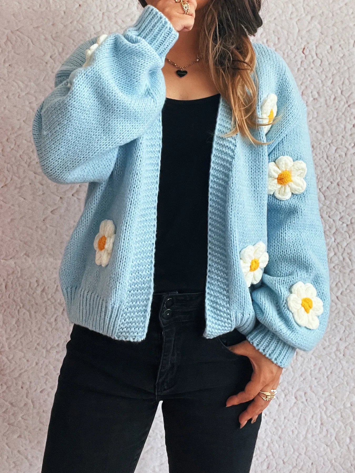 Flower Open Front Long Sleeve Cardigan Easy Apparels