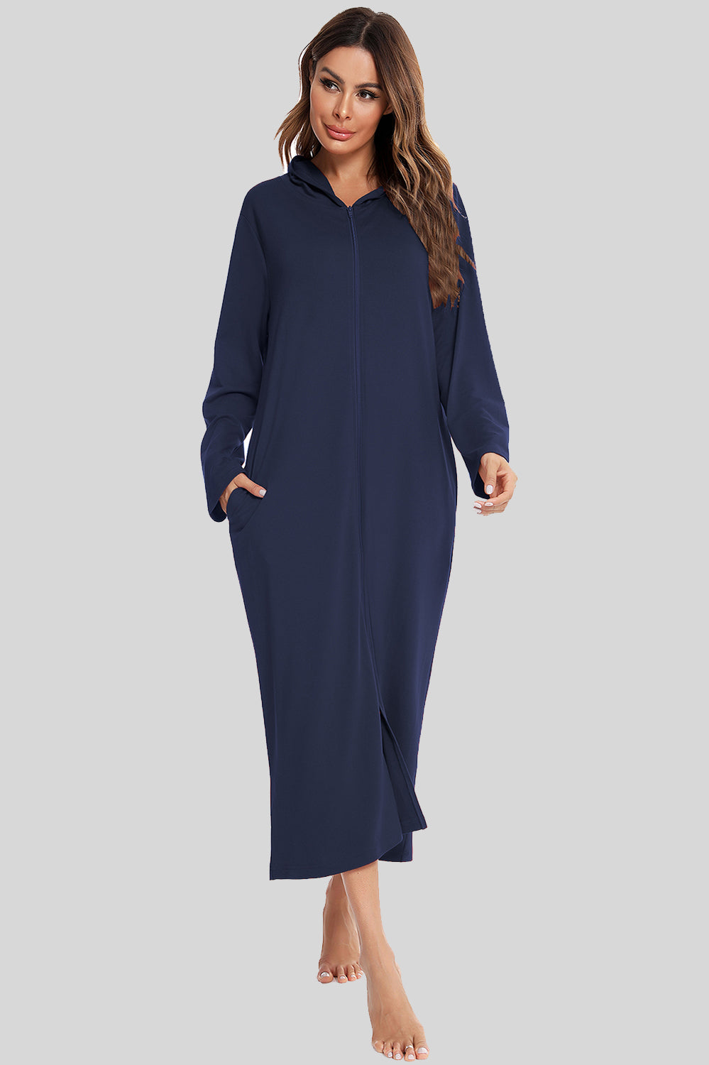 Zip Front Hooded Night Dress with Pockets Navy Easy Apparels