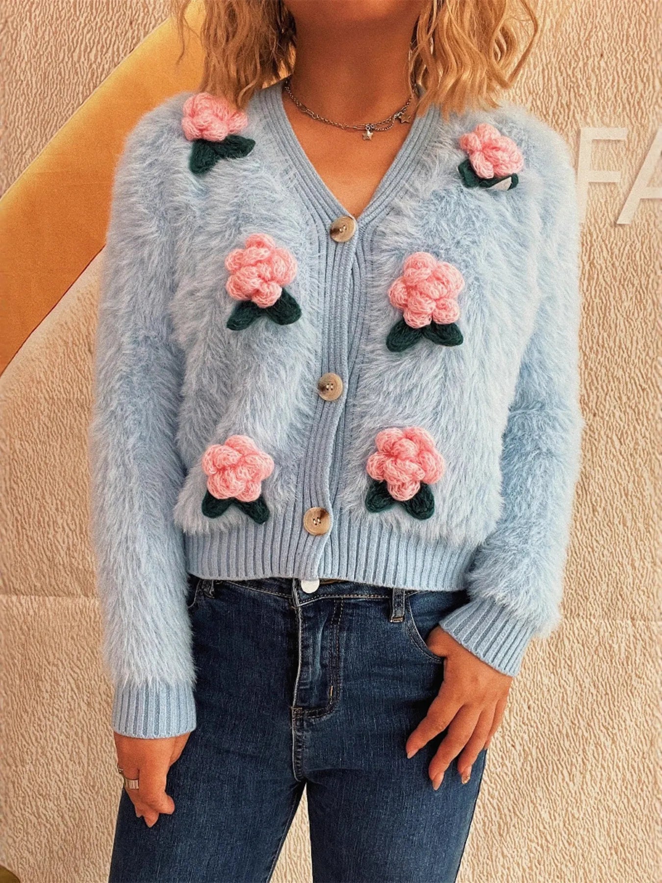 Flower Fuzzy Button-Up Cardigan Easy Apparels