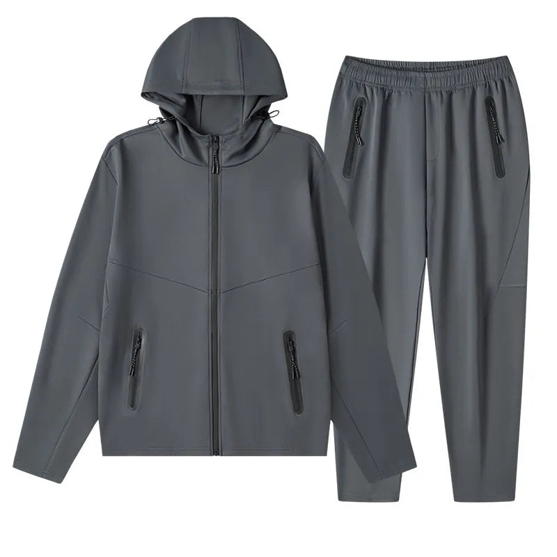 Men's Plus Size Drawstring Zip Up Hooded Top and Pants Set Dark Gray Easy Apparels