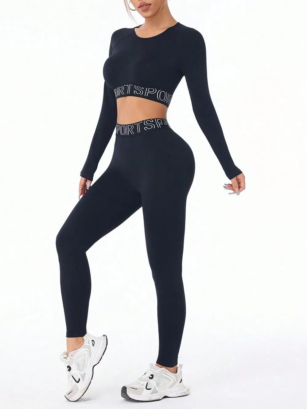Letter Print Round Neck Long Sleeve Top and Leggings Active Set Easy Apparels