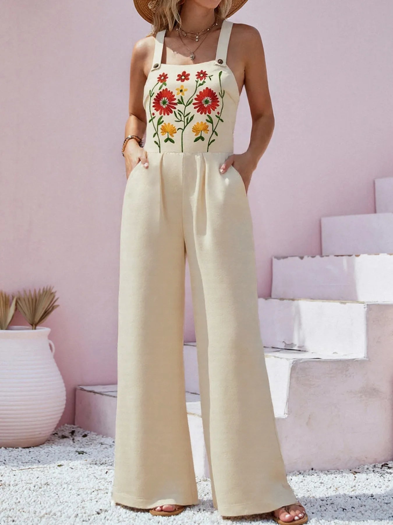 Floral Embroidered Wide Leg Jumpsuit Easy Apparels