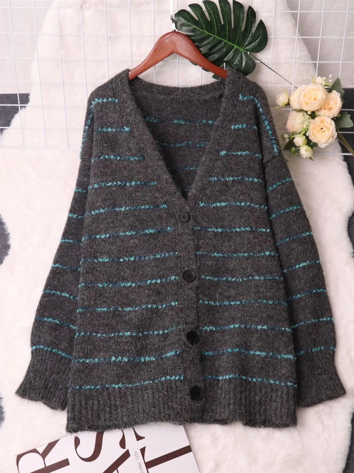 Striped Button-Up Cardigan with V-Neck Design Easy Apparels