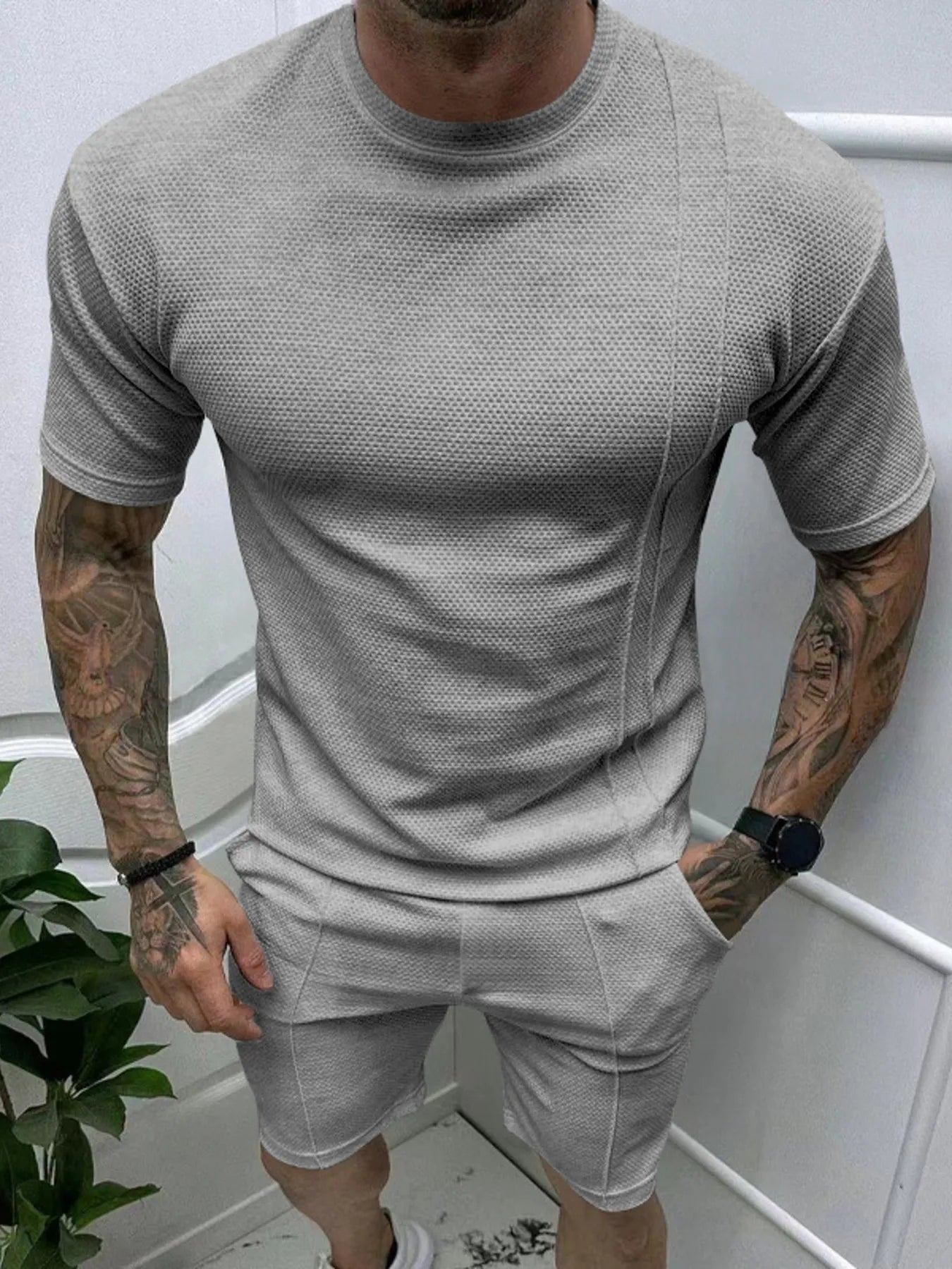 Men's Full Size Round Neck Tee and Shorts Set Plus Size Light Gray Easy Apparels