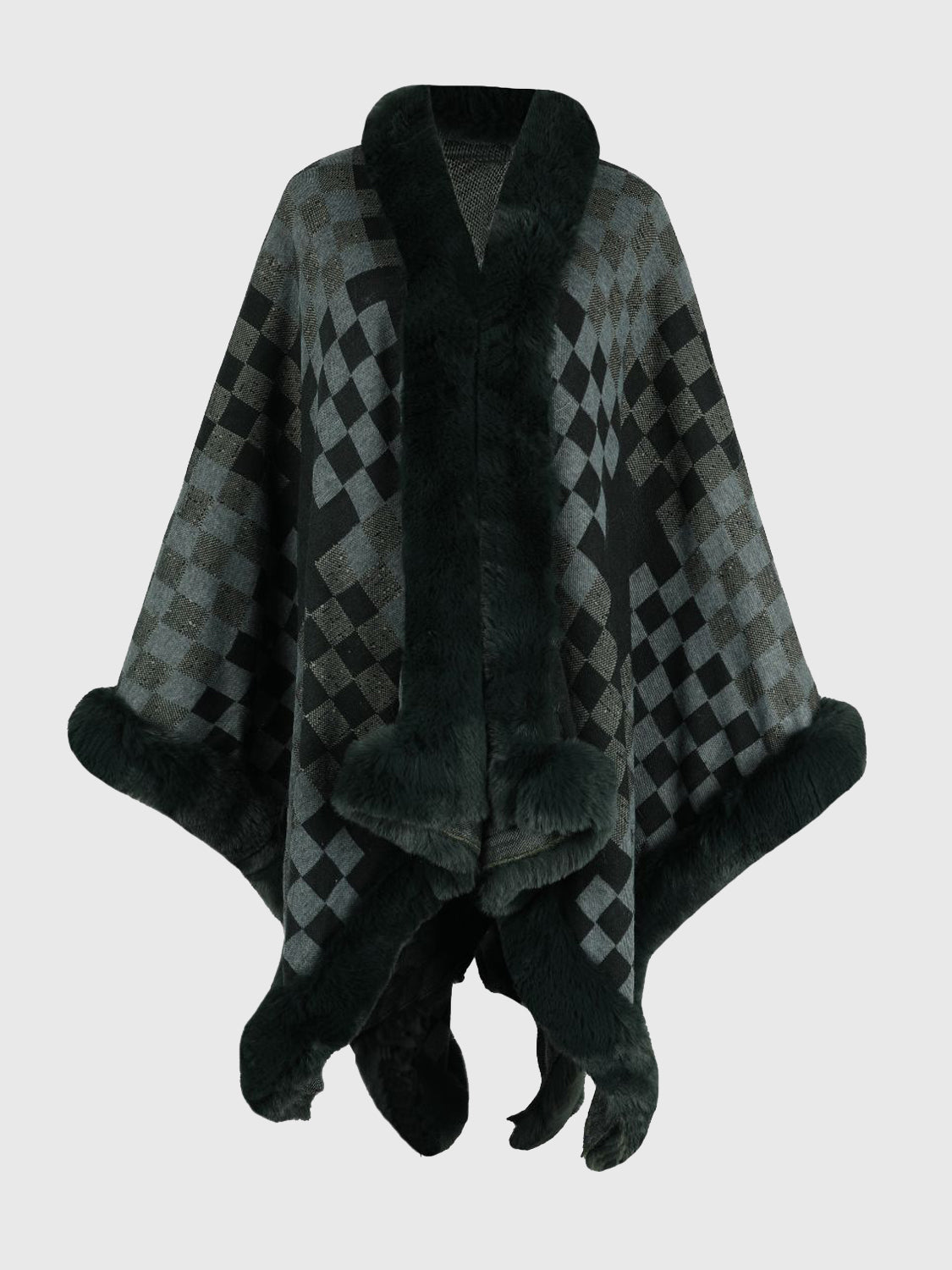 Checkered Faux Fur Trim Poncho Sage One Size Easy Apparels