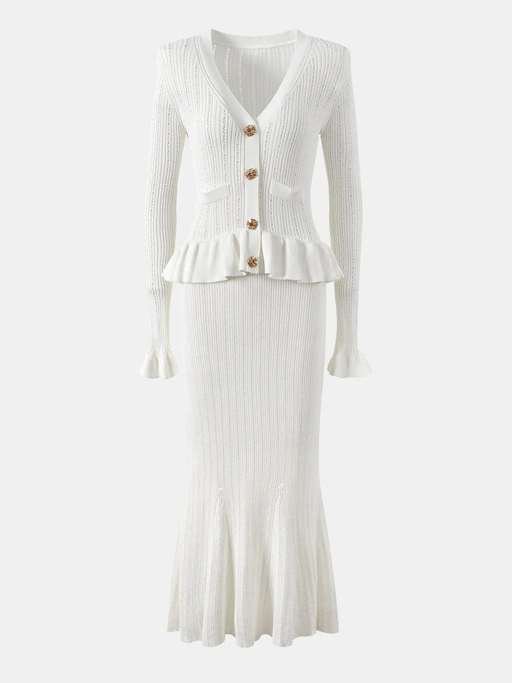Ruffled V-Neck Top and Midi Skirt Sweater Set Easy Apparels