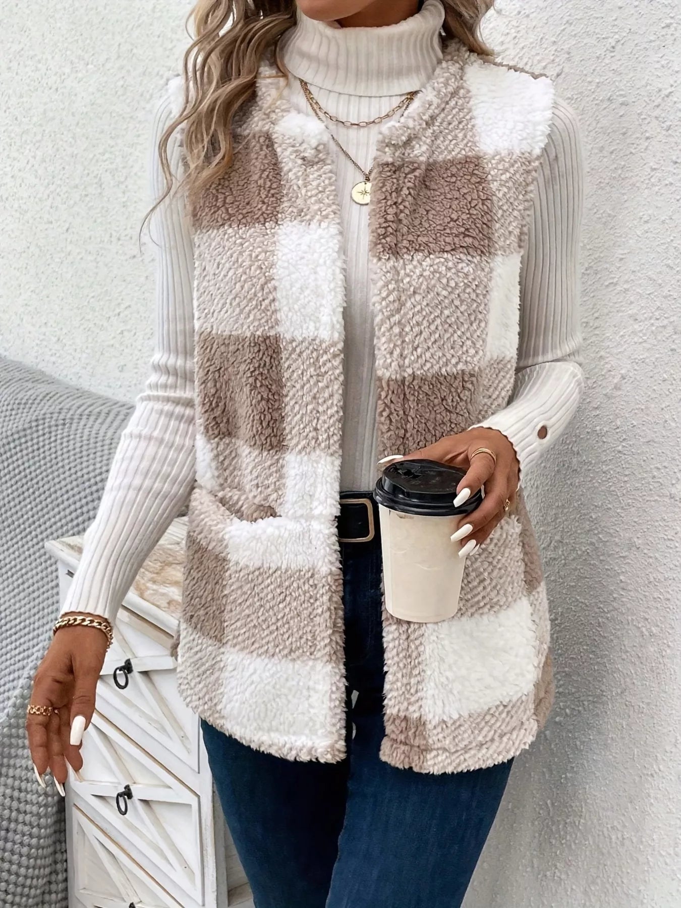 Plaid Sherpa Vest Coat with Pockets Khaki Easy Apparels