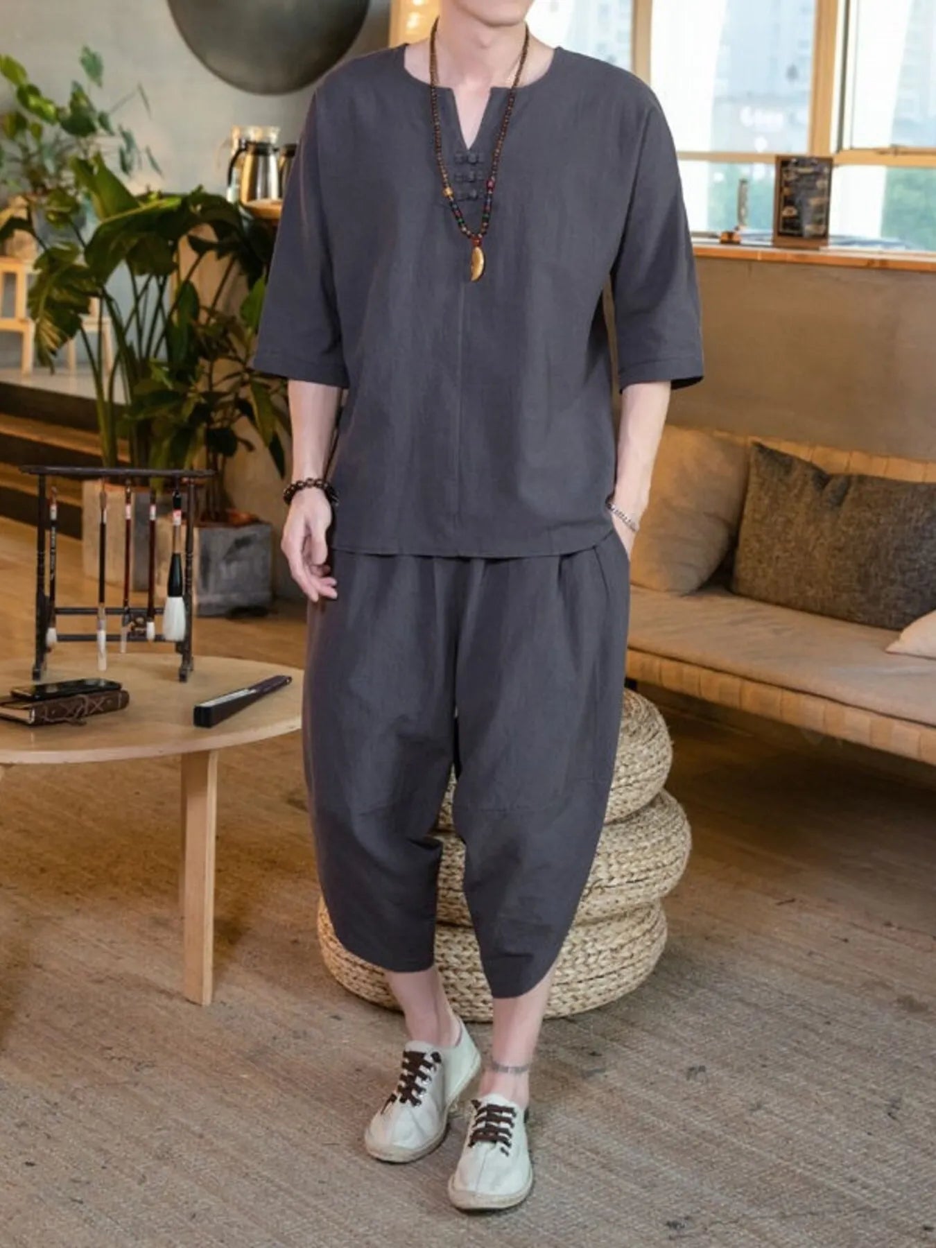 Men's Plus Size Notched Half Sleeve Top and Cropped Pants Set Dark Gray Easy Apparels