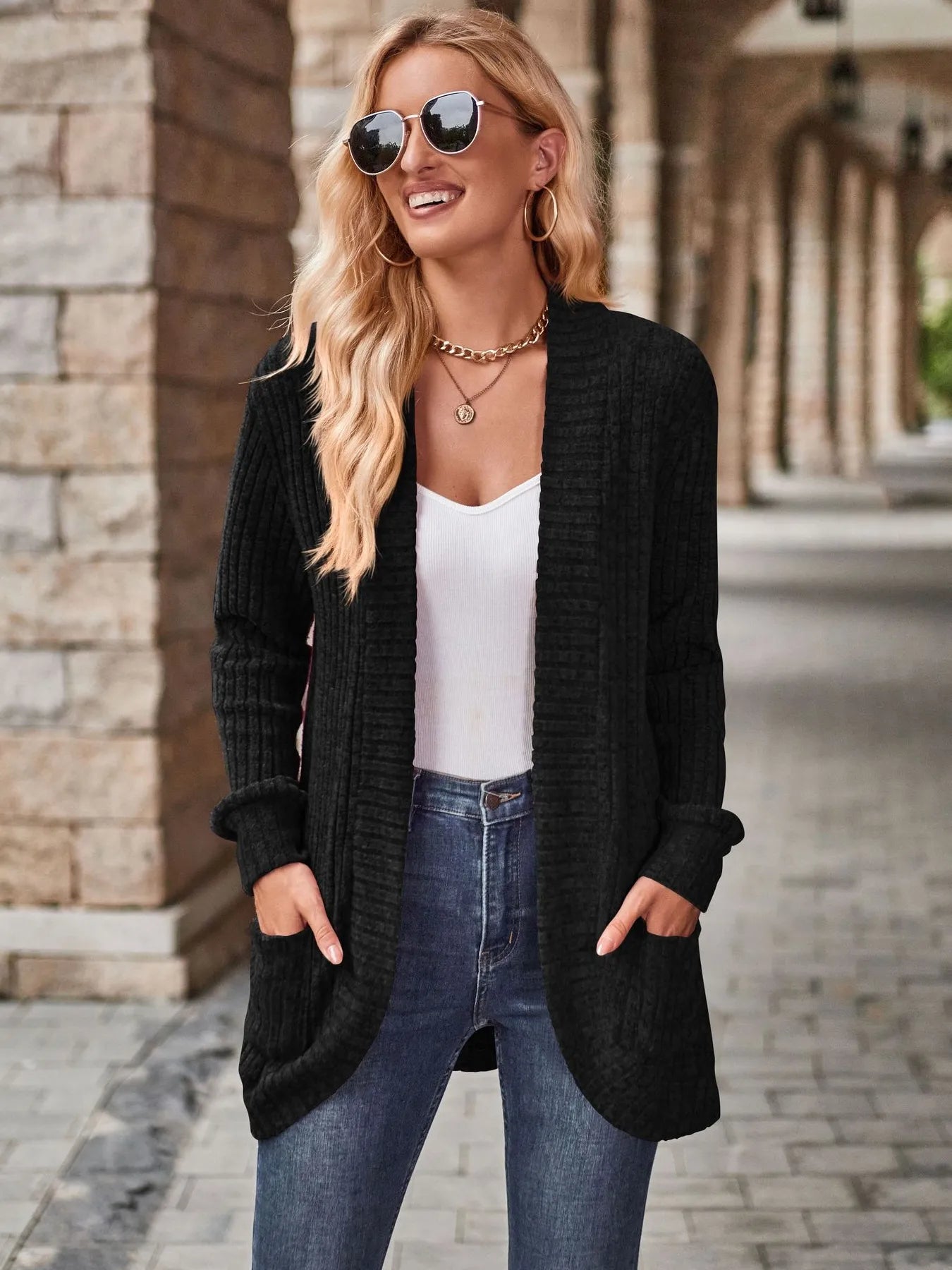 Ribbed Open Front Long Cardigan with Pockets Black Easy Apparels