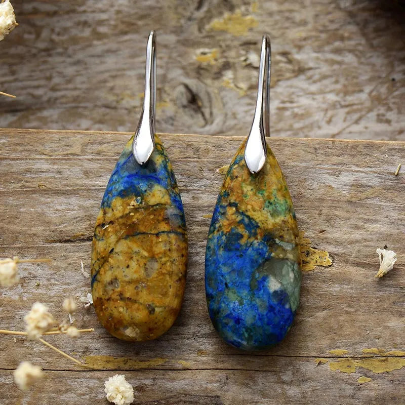 Teardrop Shape Natural Stone Dangle Earrings Blue Brown Silver One Size Easy Apparels
