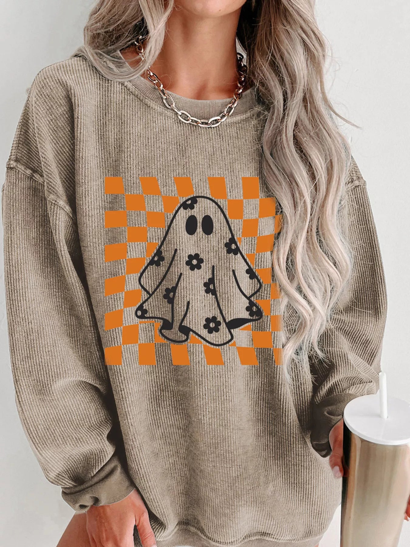 Halloween Checkerboard Floral Ghost Graphic Corded Sweatshirt Easy Apparels