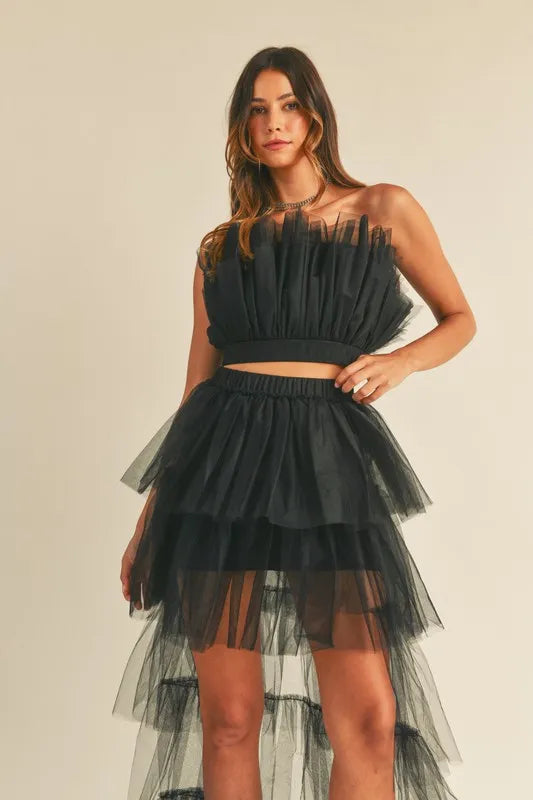 MABLE Tulle Tube Ruffle Crop Top and High Low Maxi Skirt Set Easy Apparels