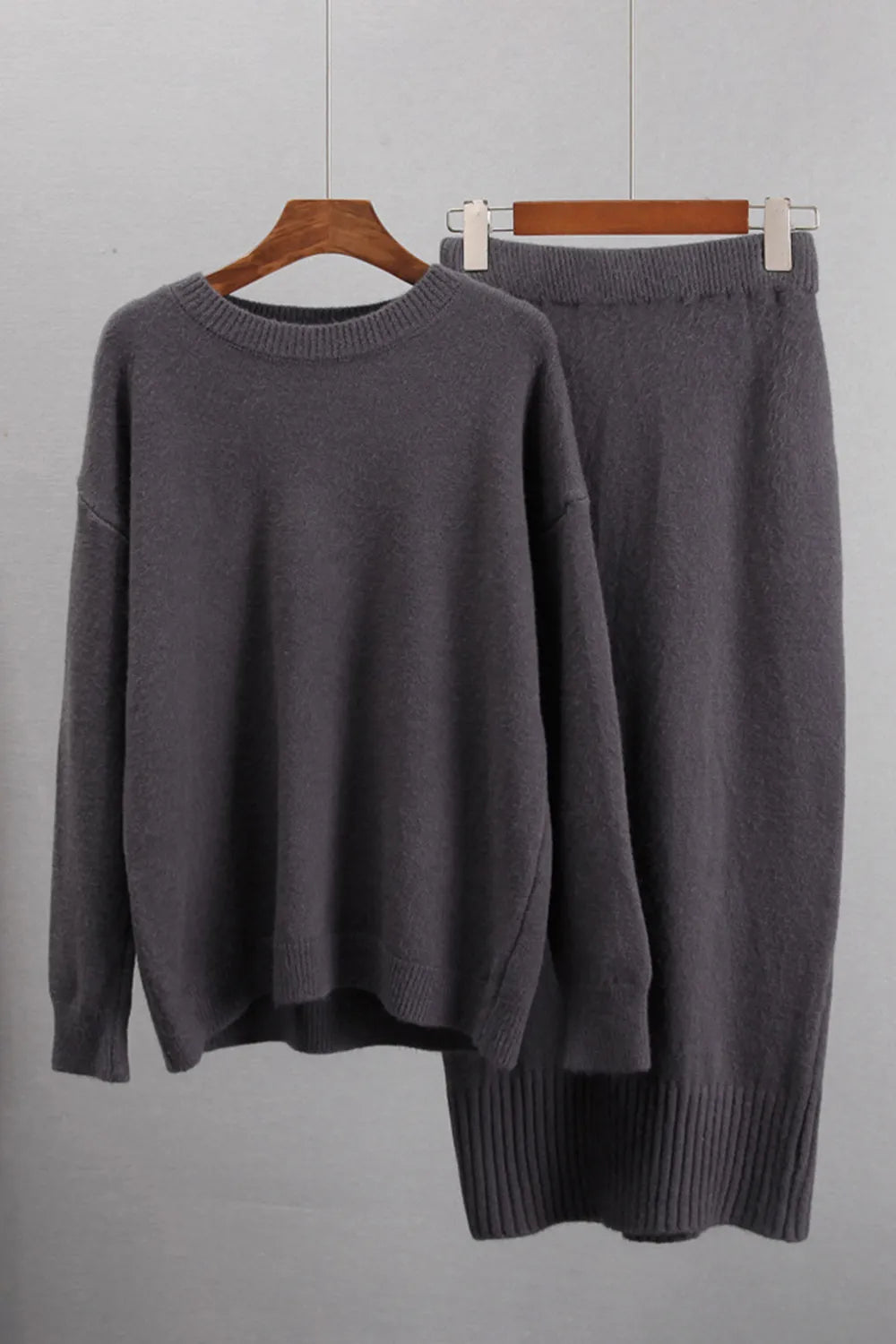 Round Neck Dropped Shoulder Top and Skirt Sweater Set Easy Apparels