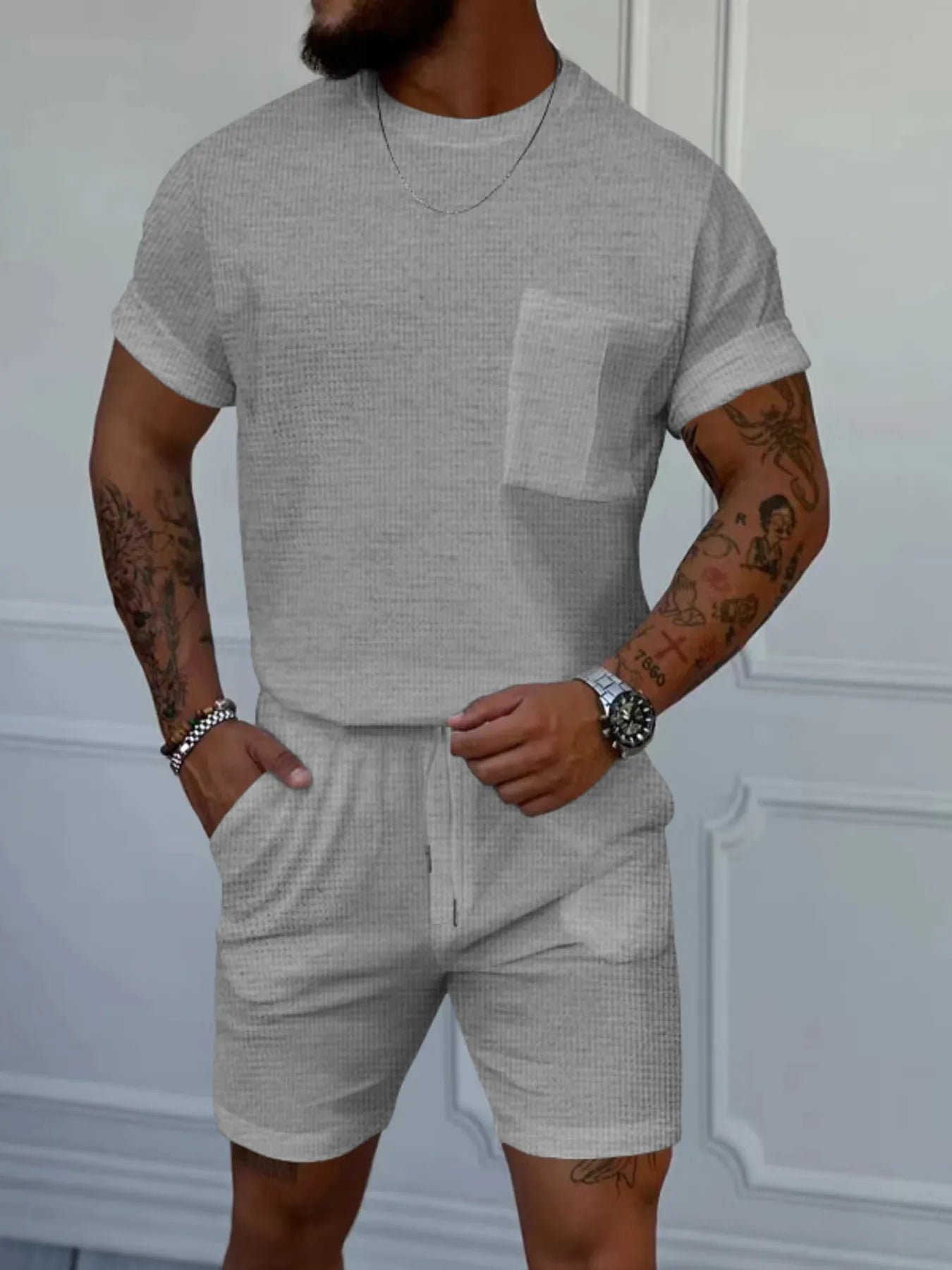 Men's Full Size Round Neck Short Sleeve Top and Shorts Set Plus Size Light Gray Easy Apparels