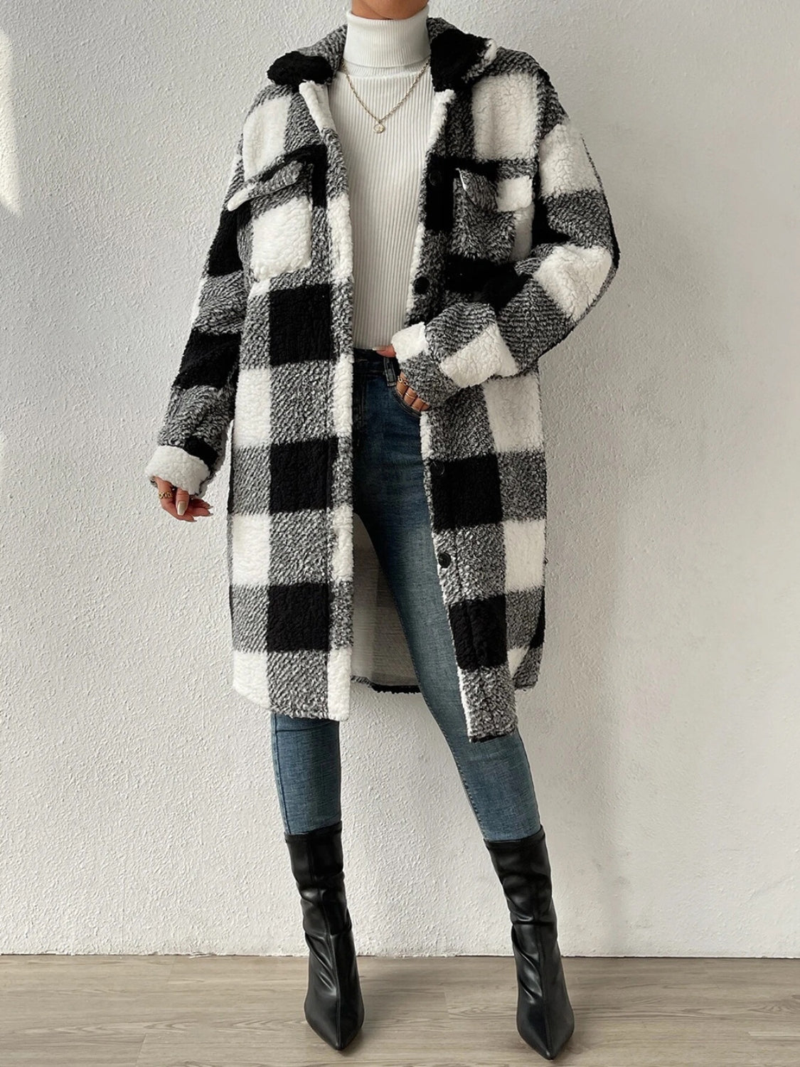 Plaid Collared Neck Button Down Coat Black Easy Apparels