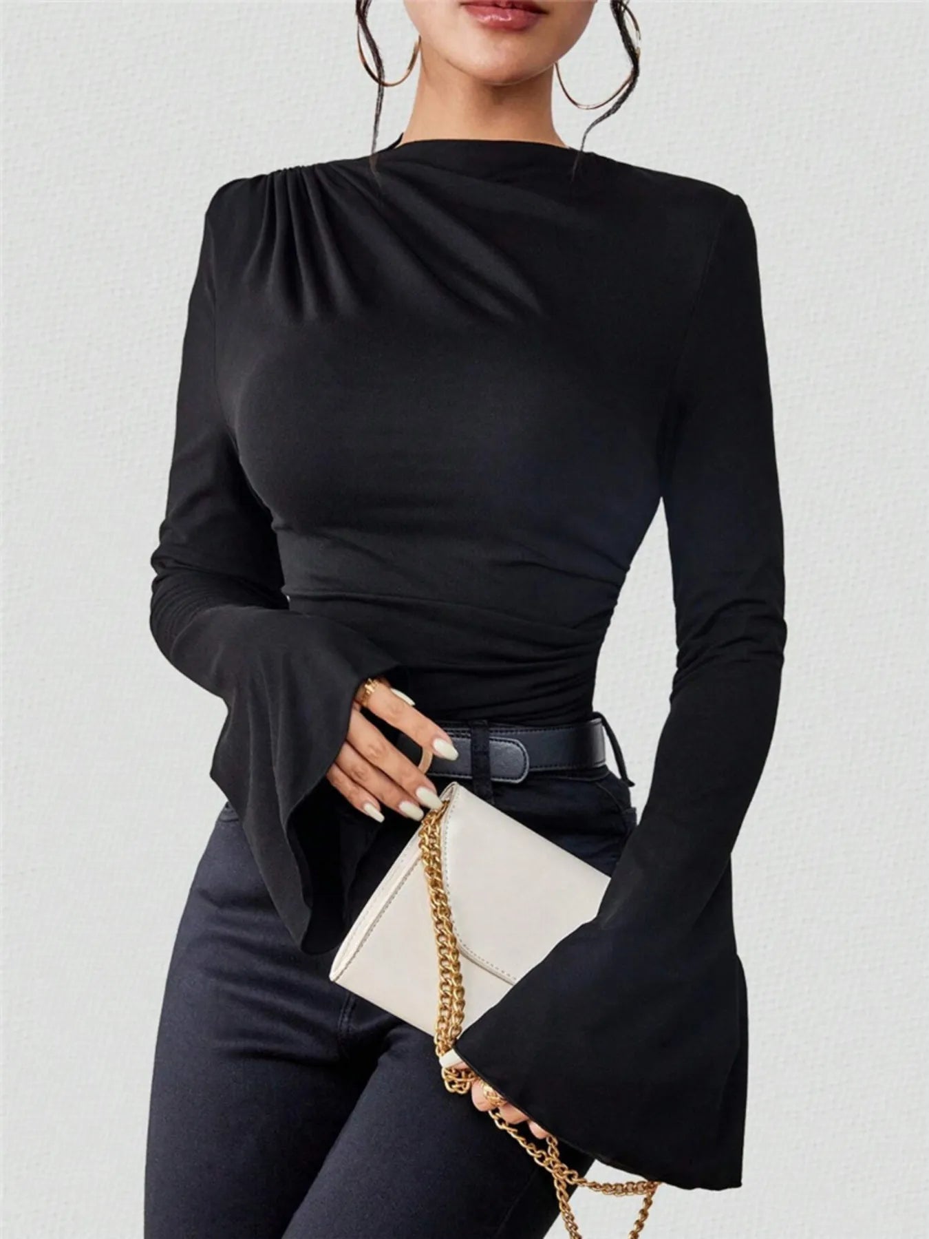 Trendsi Bell Sleeve Ruched Fitted T-Shirt with Mock Neck Black