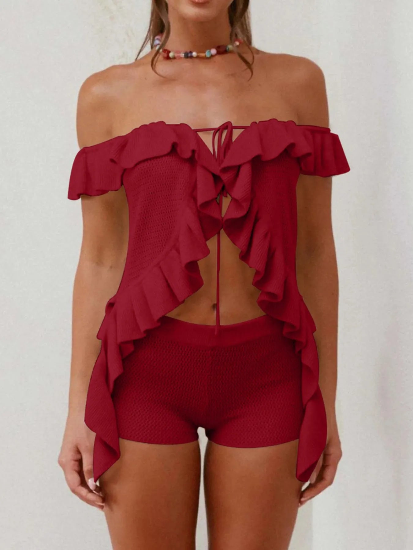 Off-Shoulder Ruffle Top and Shorts Sweater Set Easy Apparels
