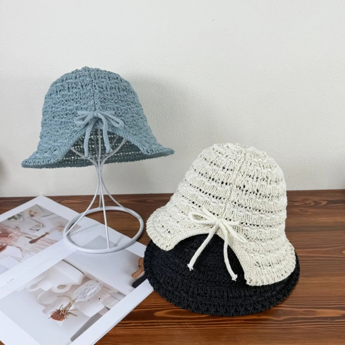 Crochet Bucket Hat with Drawstring French Blue One Size Easy Apparels