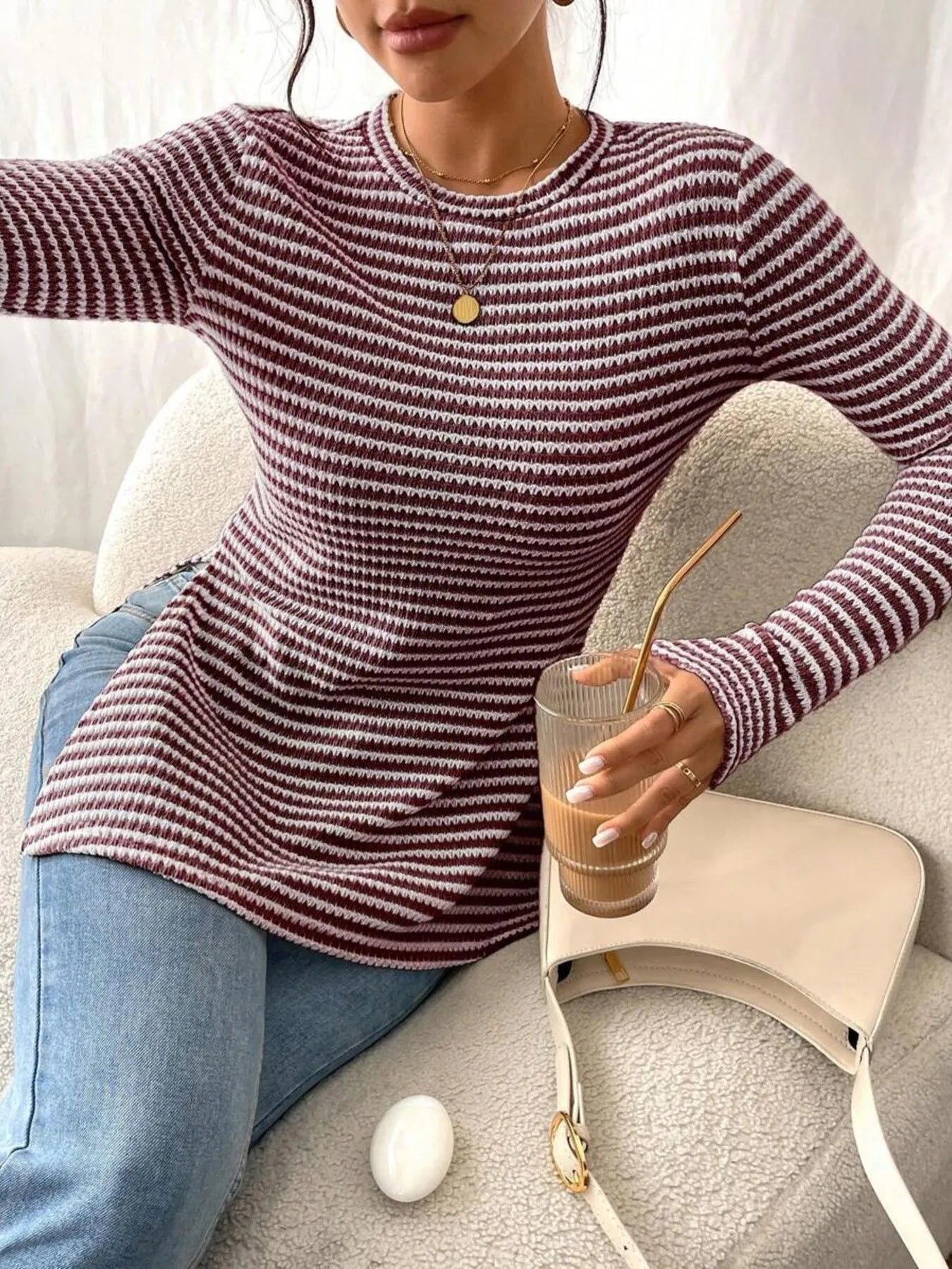 Trendsi Side Slit Striped Long Sleeve T-Shirt