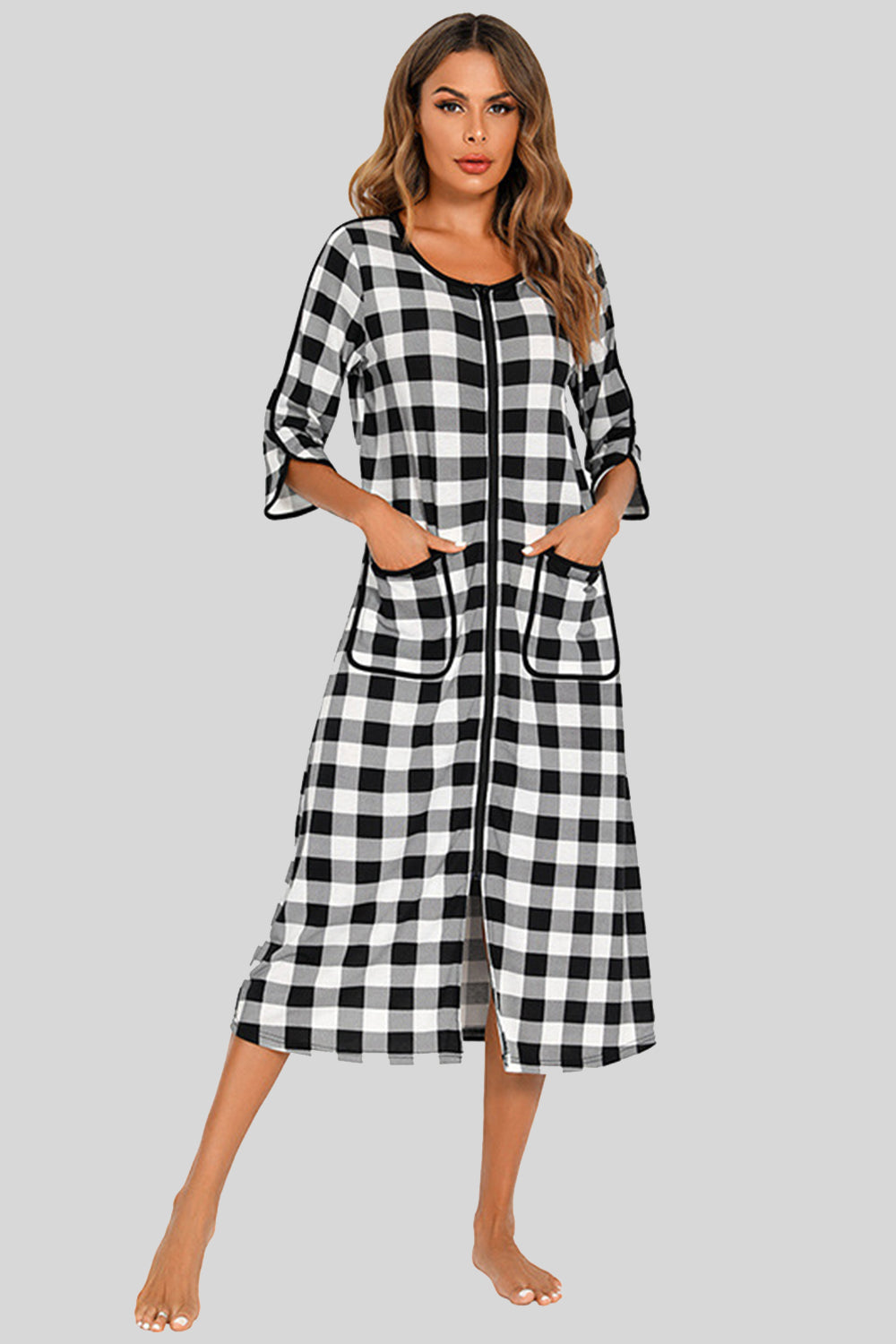 Round Neck Three-Quarter Sleeve Midi Night Dress White Easy Apparels