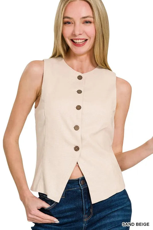 Zenana Linen Button Down Vest Easy Apparels