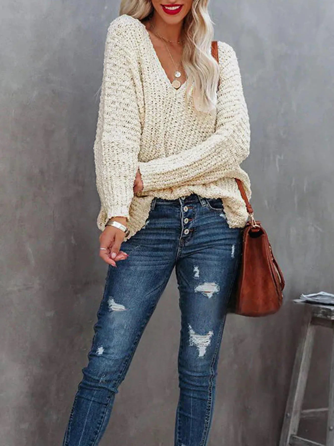 Trendsi V-Neck Long Sleeve Sweater