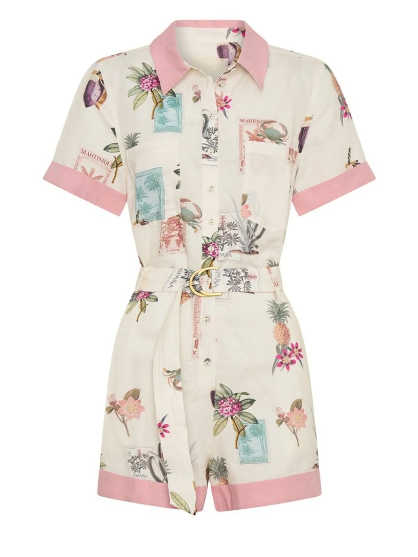 Printed Short Sleeve Romper with Belt Easy Apparels