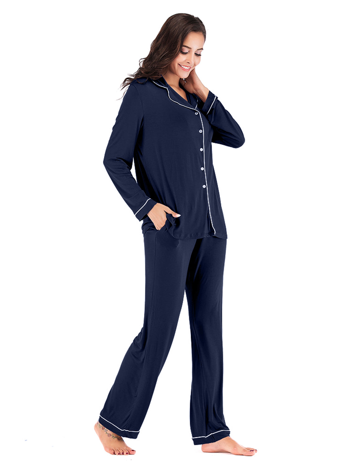 Collared Neck Long Sleeve Loungewear Set with Pockets Easy Apparels