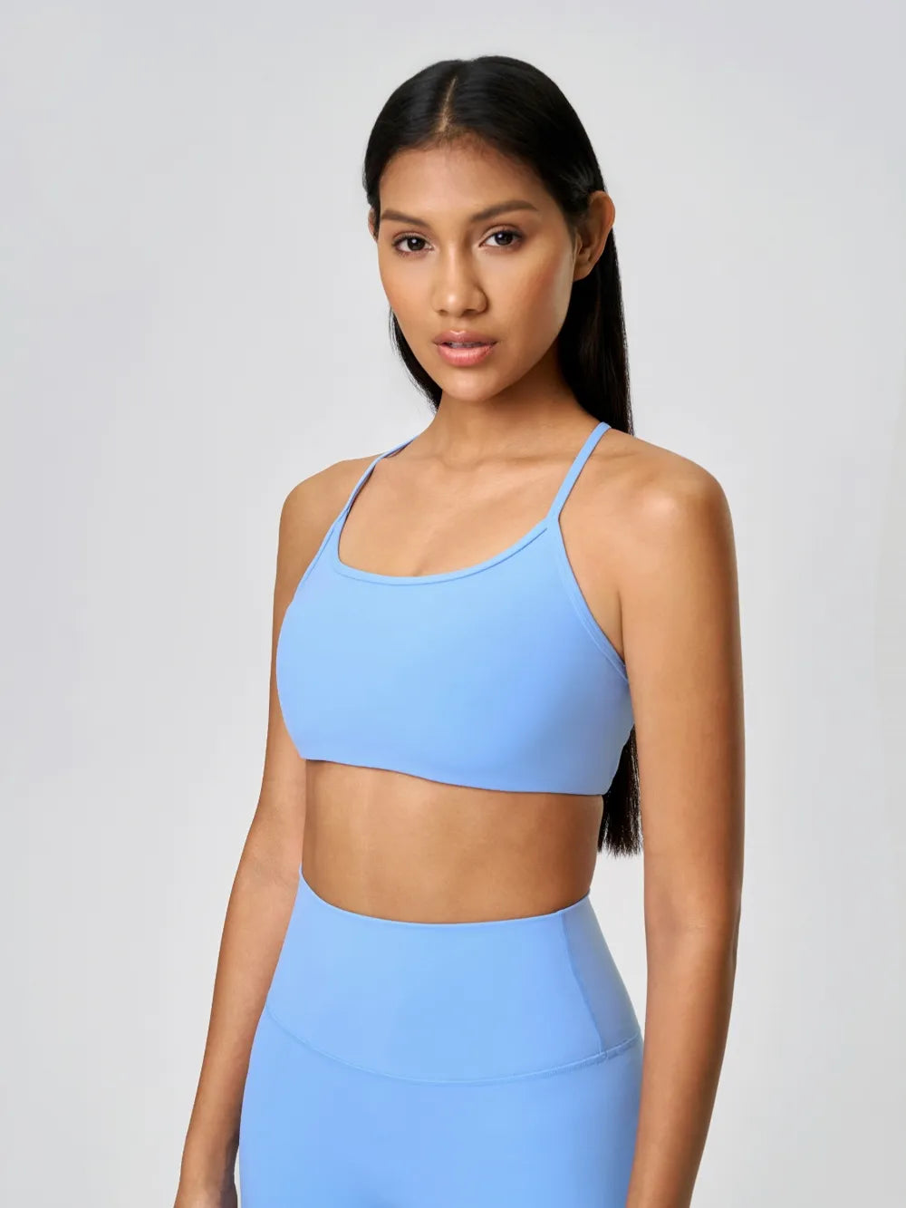 Millennia Crisscross Back Scoop Neck Active Cami with Detachable Chest Pads Light Blue Easy Apparels