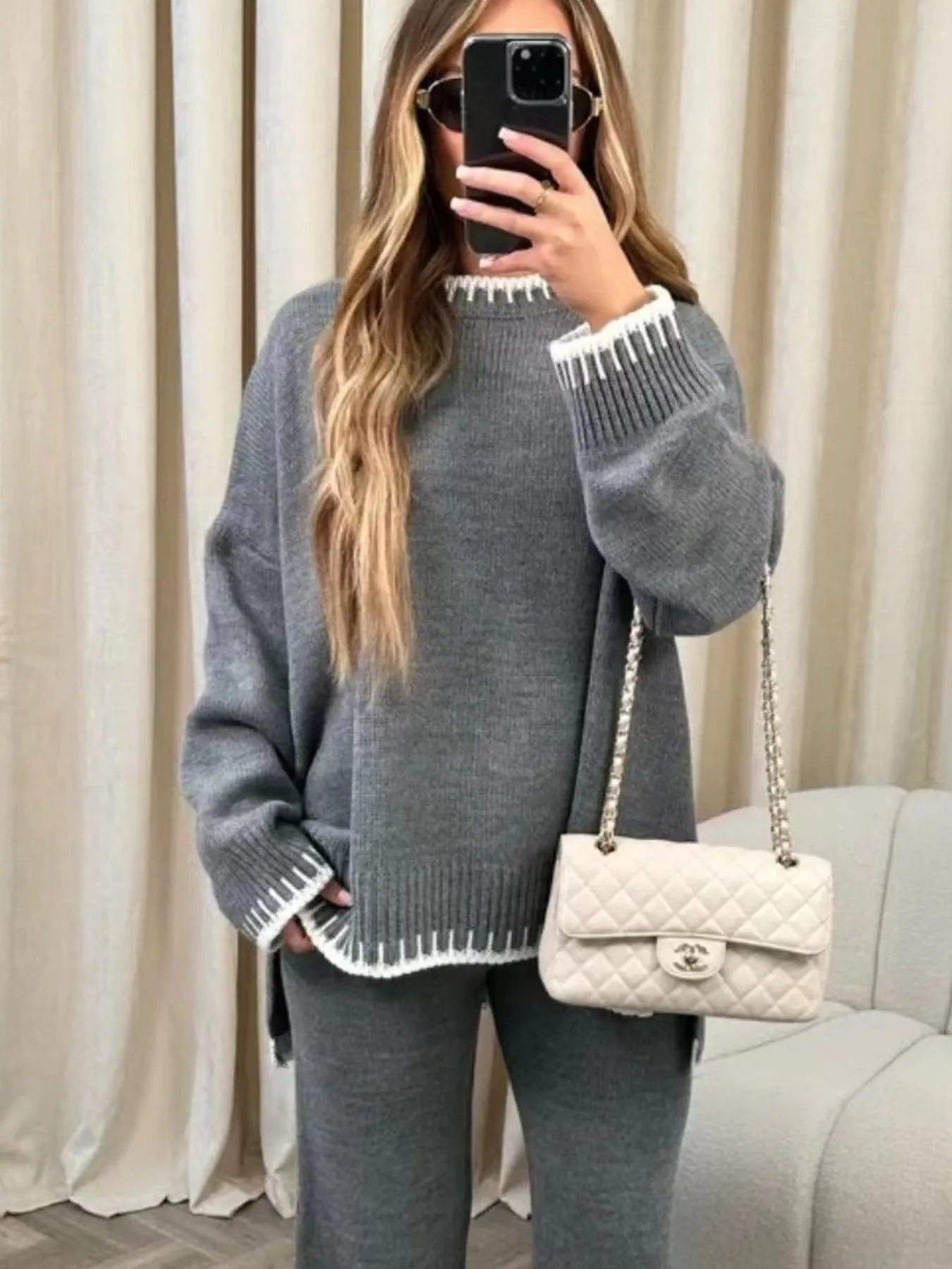 Contrast Trim Round Neck Top and Pants Sweater Set Easy Apparels