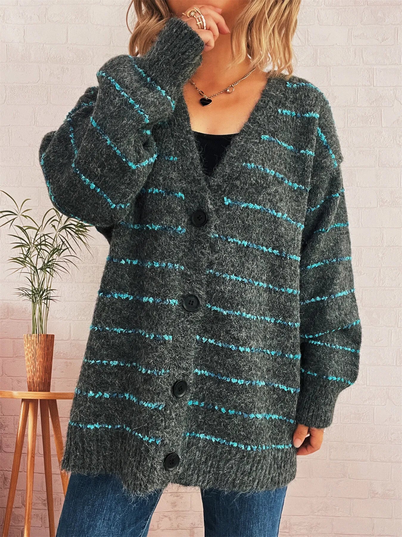 Striped Button-Up Cardigan with V-Neck Design Easy Apparels