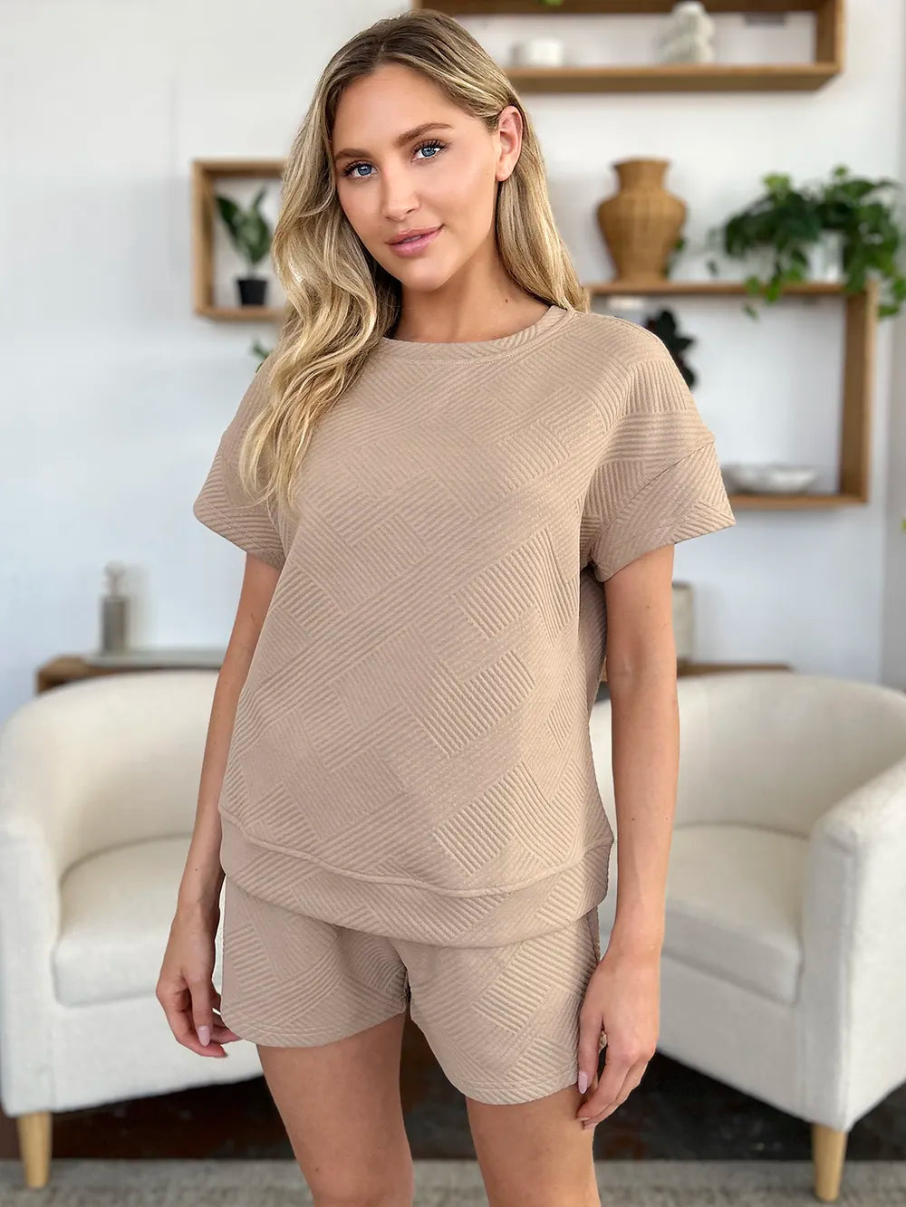 Double Take Full Size Texture Short Sleeve T-Shirt and Drawstring Shorts Set Easy Apparels