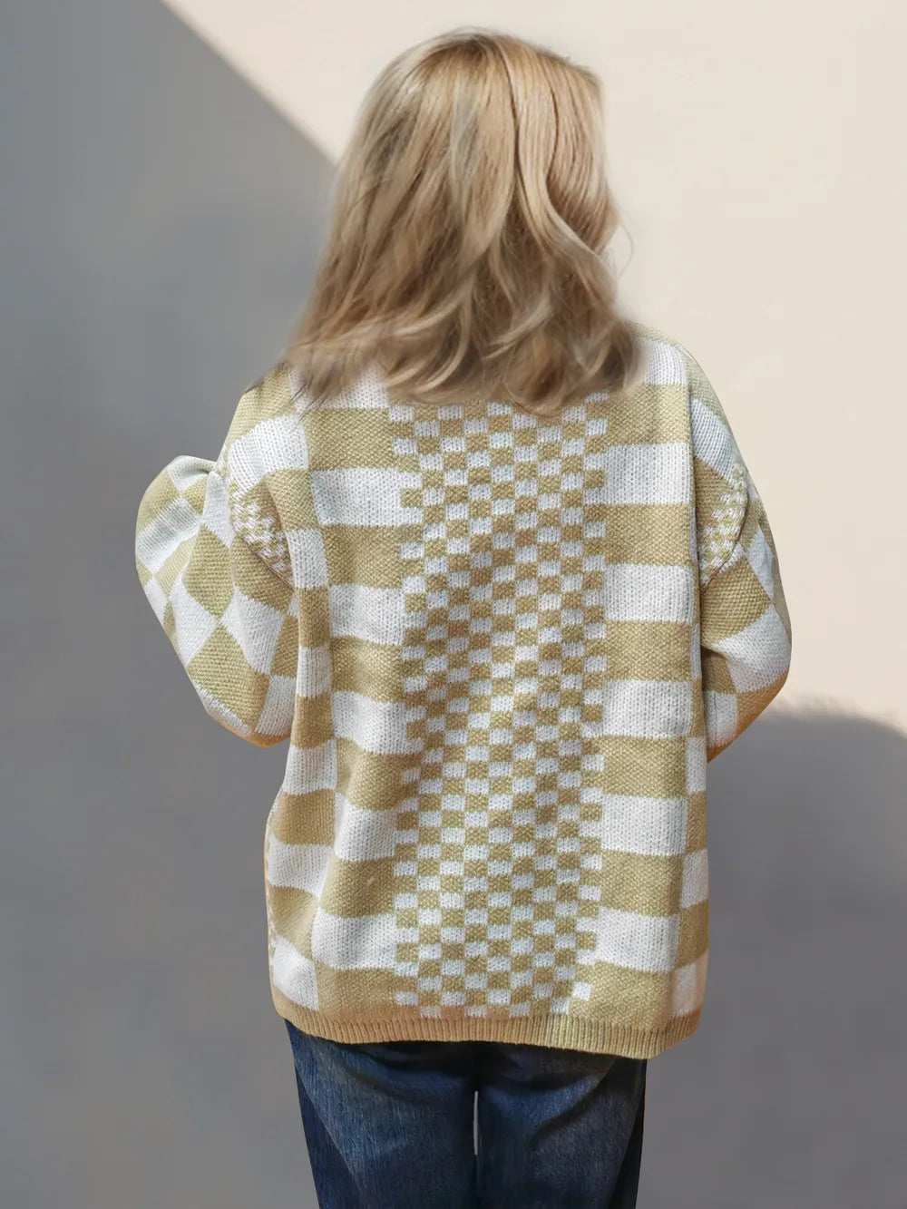 Double Take Checkered Open Front Dropped Shoulder Cardigan Easy Apparels