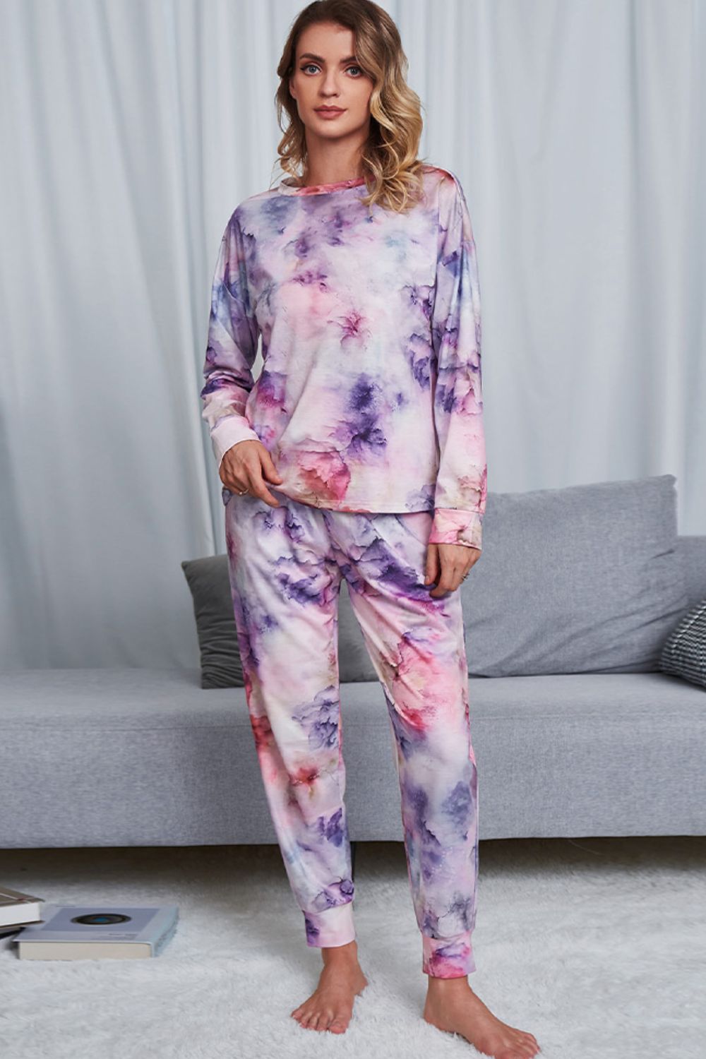 Shiny Tie-Dye Crewneck Top and Drawstring Waist Joggers Lounge Set Pink Purple Easy Apparels