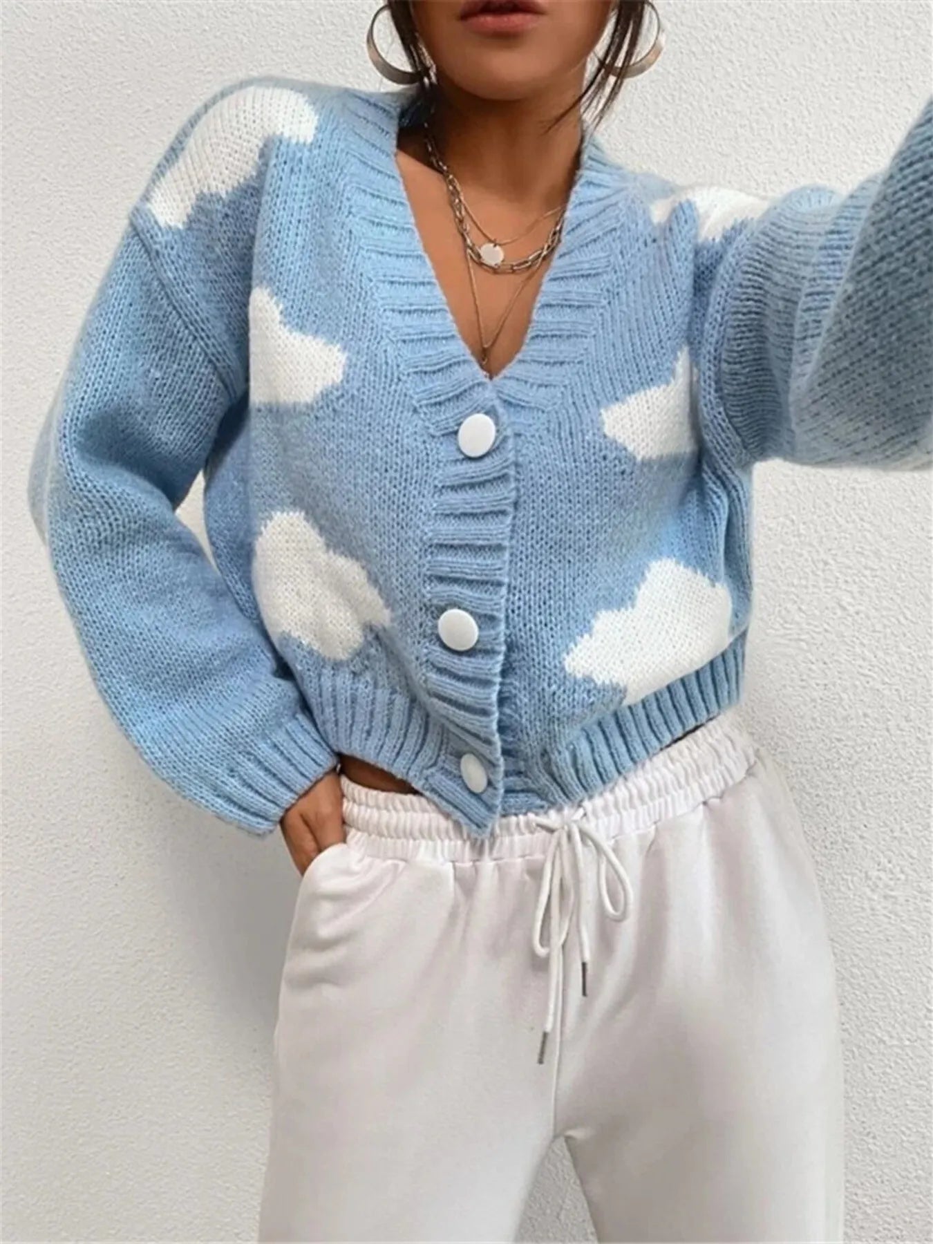 Contrast Cloud Pattern Cropped Button-Up Cardigan Light Blue Easy Apparels