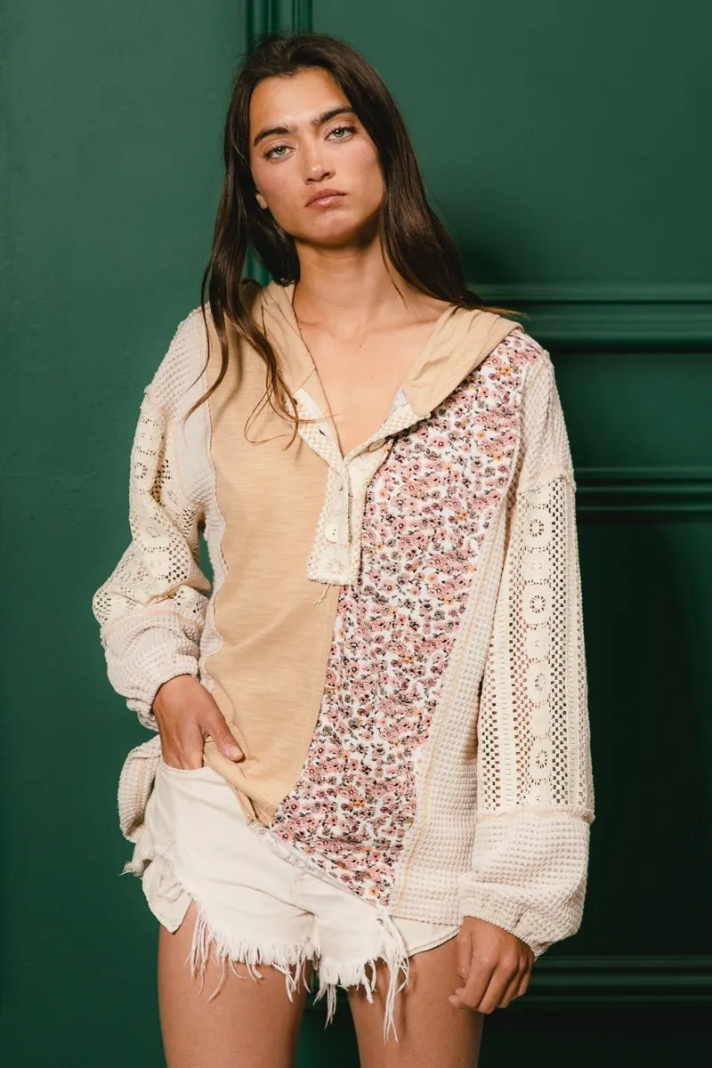 Trendsi BiBi Slub Jersey with Lace Combo Buttoned Hoodie Top
