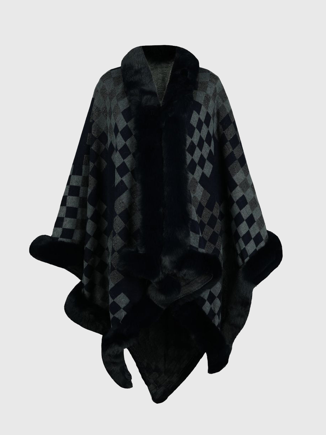 Checkered Faux Fur Trim Poncho Charcoal One Size Easy Apparels