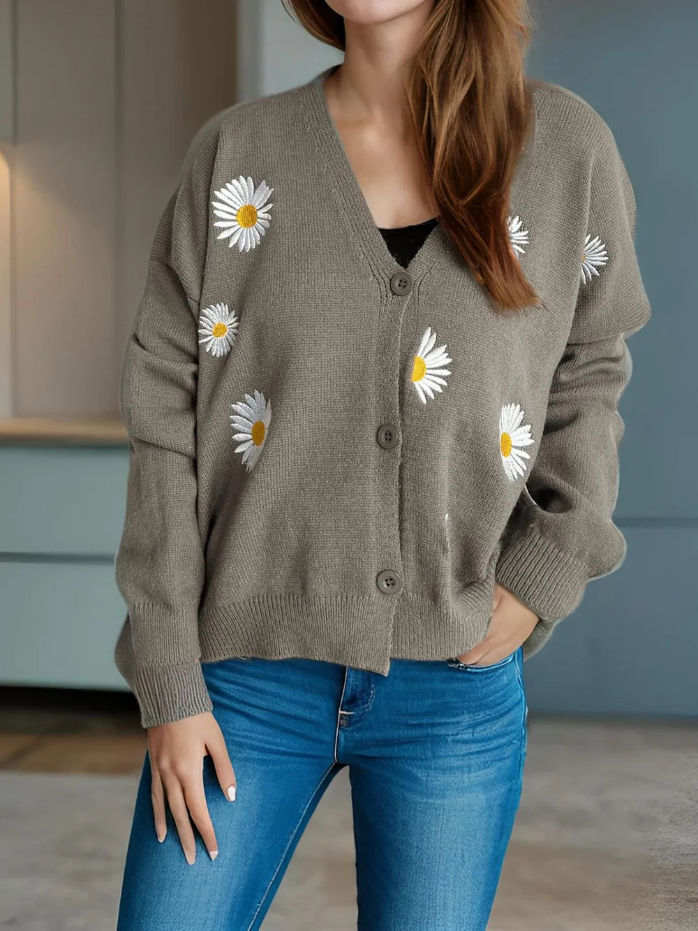 Daisy Button Up V-Neck Cardigan Gray One Size Easy Apparels