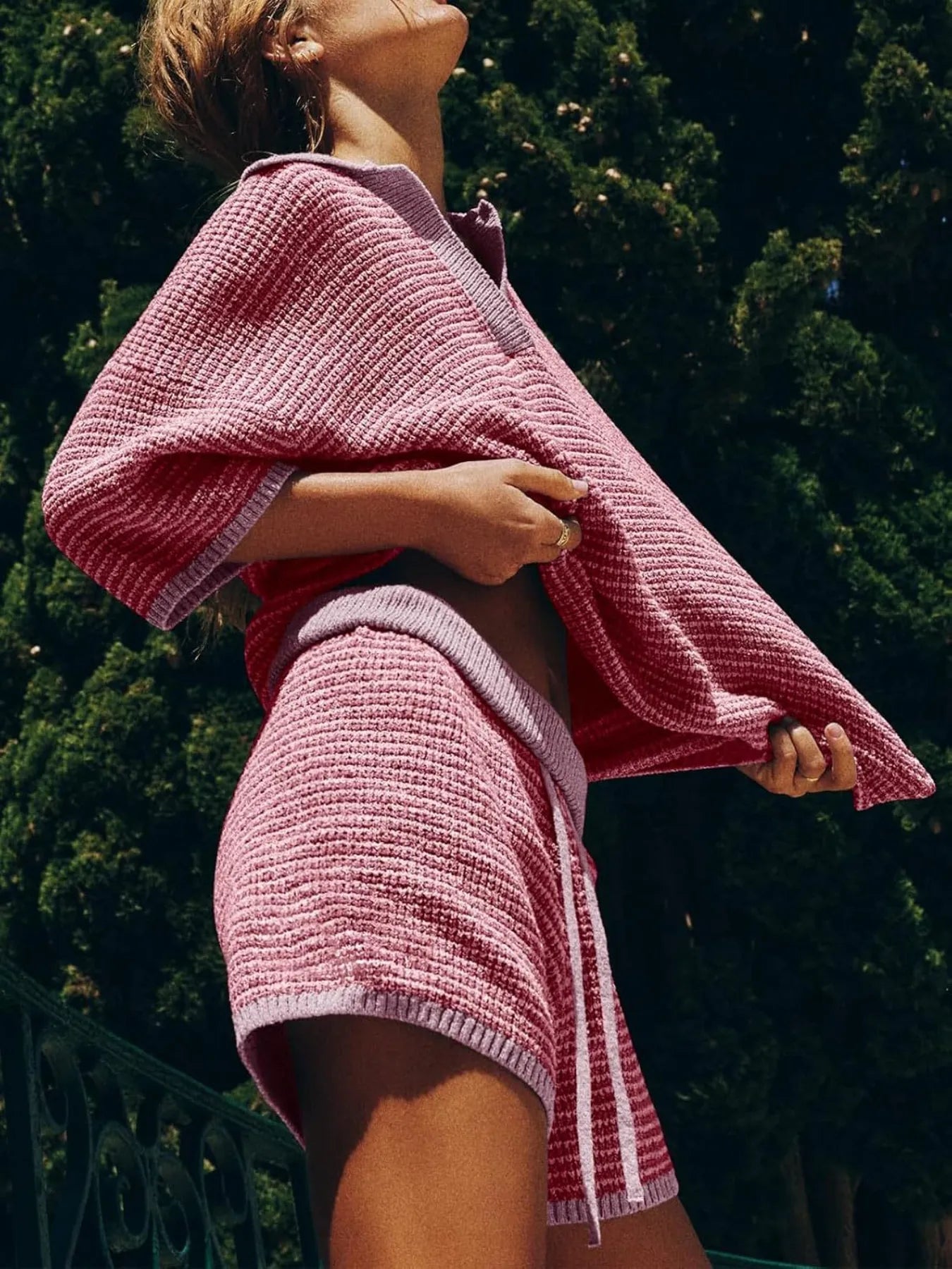 Collared Neck Contrast Striped Top and Shorts Sweater Set Easy Apparels