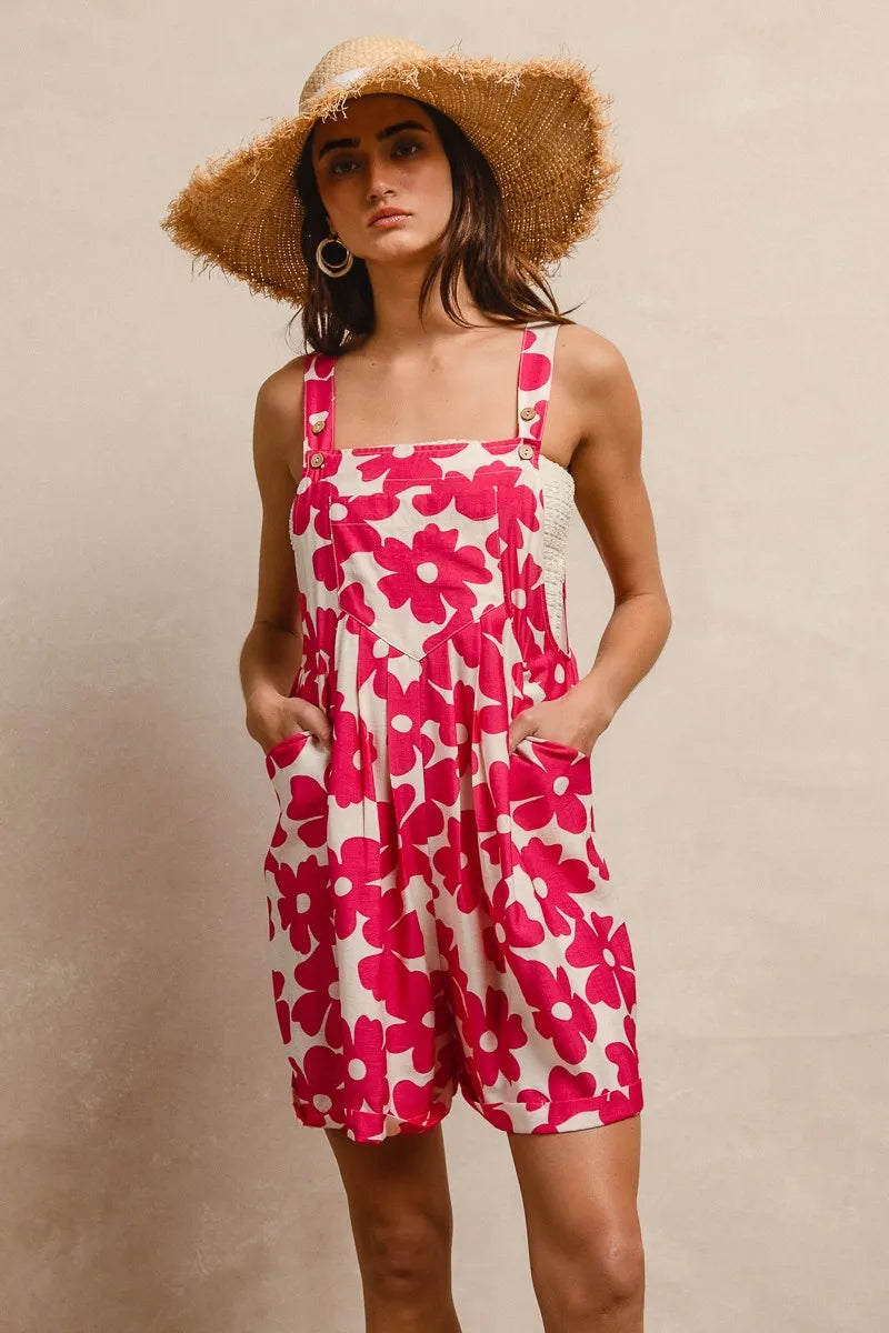 BiBi Floral Prints Tuck Detail Short Overall With Pockets Easy Apparels