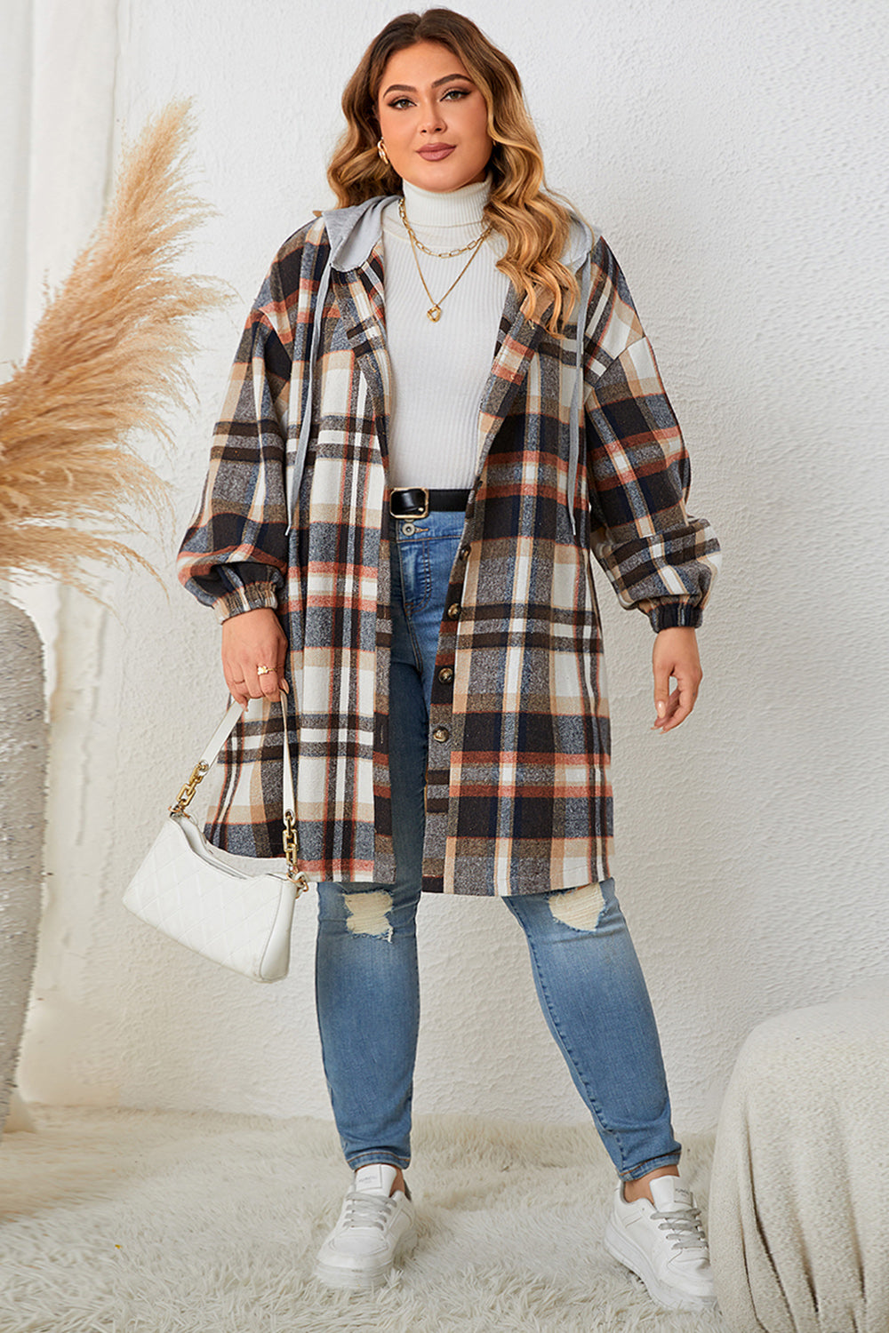 Honey Plus Size Plaid Drop Shoulder Hooded Coat Easy Apparels